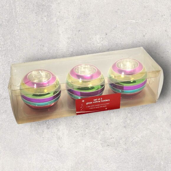 JCPenney Holiday Fun Mercury Glass Votive Holders Set of 3 Multicolor Stripe NIB - Picture 2 of 5